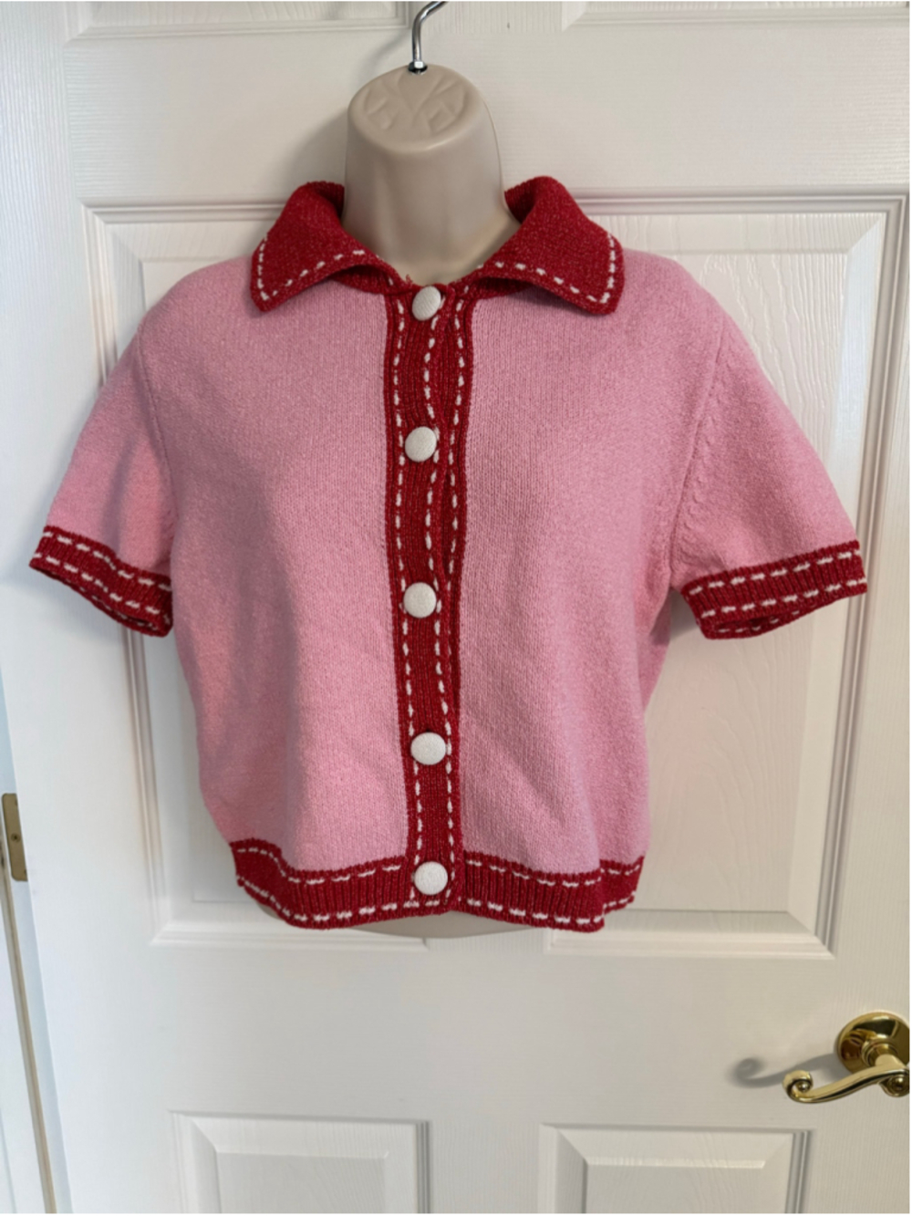 NWOT Zara Pink Red Contrast Stitch Knit Polo Cardigan Sweater Size Small